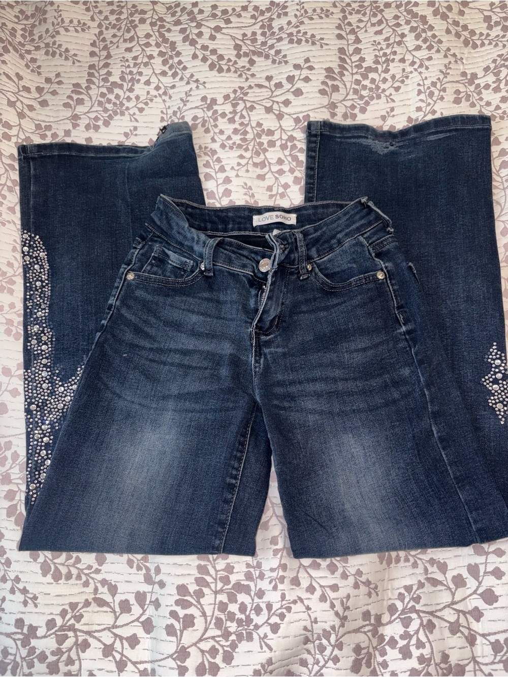 Women's Dark Blue Wide Leg Jeans with Side Embellishments